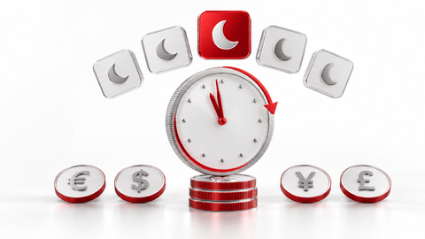 Silver clock at 11:59 with a red rollover arrow, moon tiles and euro, dollar, yen and pound coins, illustrating forex swap costs