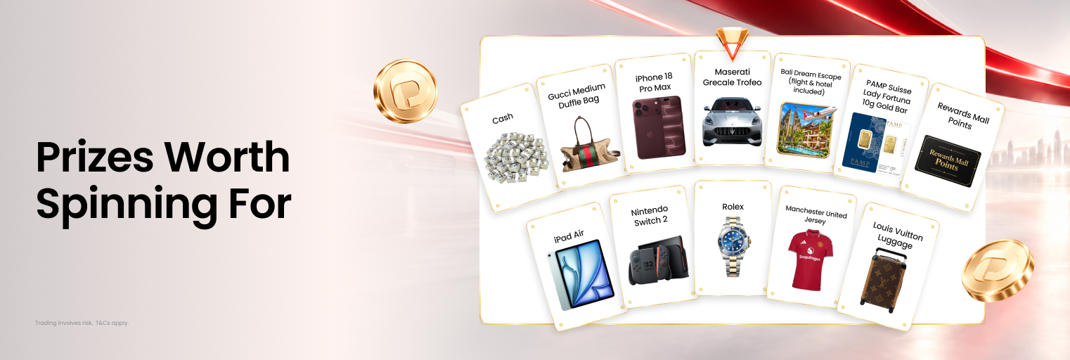 D Prime Momentum Spin luxury prize lineup featuring a Maserati Grecale Trofeo, PAMP Suisse gold bar, Rolex watch, iPhone 18 Pro Max, Bali getaway, and cash rewards.